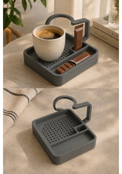 Kahve Sunum Tepsisi Çok Bölmeli Masa Üstü Organizer Kupa Fincan Standı Pla 12.5x11x7 Cm Gri
