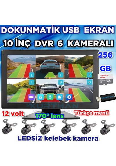 Ledsiz Kelebek Kamera 170'' Ahd 720p Rca 6 Kanallı 10 İnç Dokunmatik Usb Bsd Dvr Ekran 12 Volt