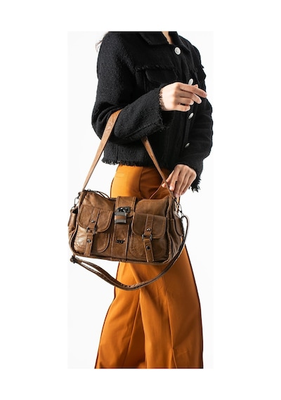571 Collections Yıkanmış Deri Omuz Kol Çantası Taba - Kilit Aksesuarlı Model: 571-13s