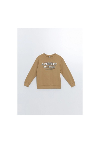 LC Waikiki Lcw Bisiklet Yaka Baskılı Uzun Kollu Erkek Çocuk Sweatshirt Bej