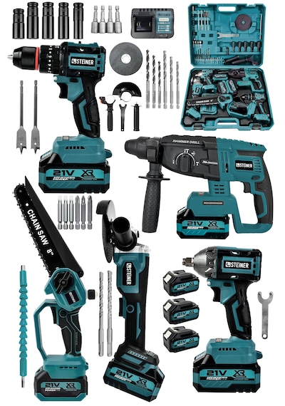 Steiner 21v Darbeli Kömürsüz 5'li Set Kırıcı Delici Hilti - Somun Sıkma Sökme - Testere - Matkap - Vidalama Mavi