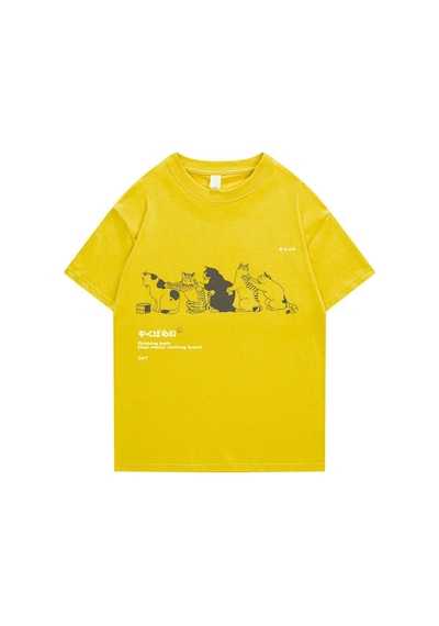Flood Of Style Erkek Sarı Kedi Baskılı Oversize Bisiklet Yaka Tshirt