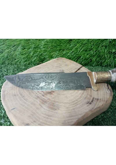 Tctknives Damascus Serisi El Yapımı Av Kamp Bıçağı Boynuz Kabzeli 0000 Kahverengi