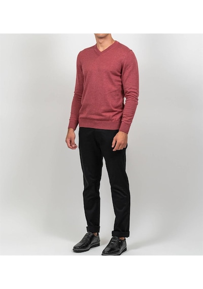 Erkek V Yaka Triko Slim Fit Pamuklu Kazak Ncs Jeans 3002-Kırmızı Melanj