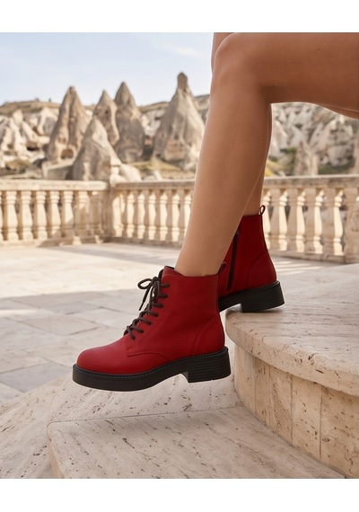 Futsishoes Ravenna Kırmızı Hakiki Deri Bağcıklı Kalın Taban Günlük Kadın Bot