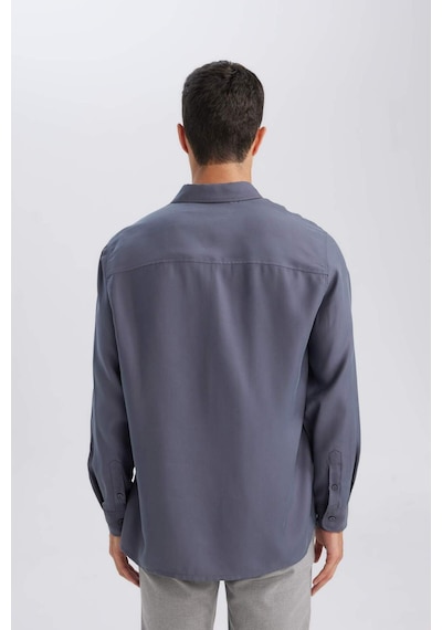 DeFacto Relax Fit Polo Yaka Twill Modal Karışımlı Basic Düz Uzun Kollu Gömlek D3376AX24AUAR174 Antrasit