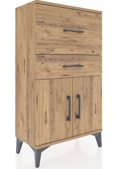 Arges Komodin Tek Raflı 2 Çekmeceli 2 Kapaklı 60x30x106 Çam-çam Çam