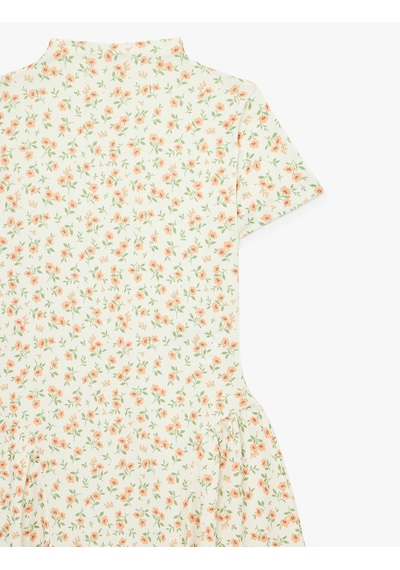 Koton Mini Kısa Kollu Dik Yaka Çiçekli Kloş Elbise Ekru Desenli 6sal80191ık