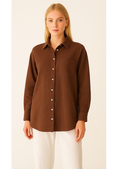 Thiffgymwear Kadın Oversize Basic Cepli Müslin Gömlek Kahverengi