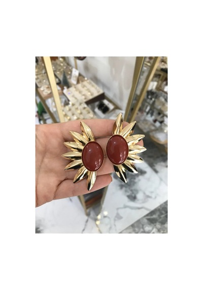 Gold Detaylı Bordo Güneş Model Küpe Altın