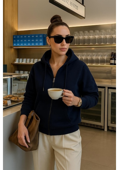 Kadın Fermuarlı Kapüşonlu Cepli İçi Polarlı Sweatshirt Lacivert