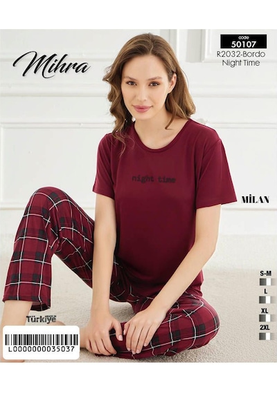 Mihra Kadın Bisiklet Yaka Milan Likralı Kısa Kol Pijama Takımı 50107bb - 1 Adet Bordo