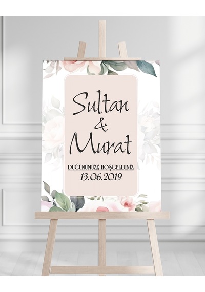 Söz Nişan Düğün İçin 50x70 Karşılama Panosu - Pembe Çiçek Desenli Beyaz