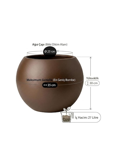 Tr Zevli Dekoratif 27l Küre Saksı Ø35 Cm Kahve Çekirdeği Beton Görünümlü Modern Salon Ve Bahçe Saksıs Genel