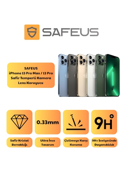 Safeus Safir Temperli Kamera Lens Koruyucu Apple Uyumlu iPhone 13 Pro Max Ve İle Yeşil