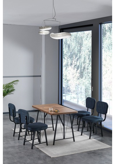 Hayat 70x110cm Sabit Atlantik Mutfak Masası, Mutfak Masası Takımı, Yemek Masası, 4 Lacivert Sandalye Lacivert