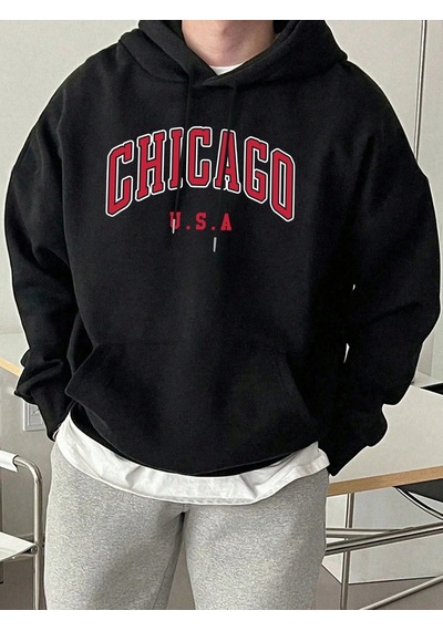 Startmore Tarzsokak Chicago Abd Mektup Baskılı Erkek Günlük Kapüşonlu Sweatshirtler Her Şeyle Uyumlu Polar Sweats Siyah