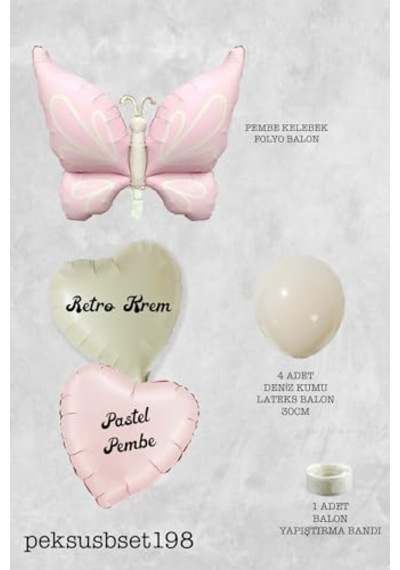 Retro Pembe Kelebekli Kalp Balonlu Balon Seti 2 Yaş Mavi