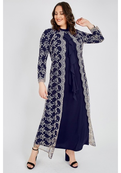 Ladies First Büyük Beden 3408 Lacivert Dantelli Abiye Elbise 001