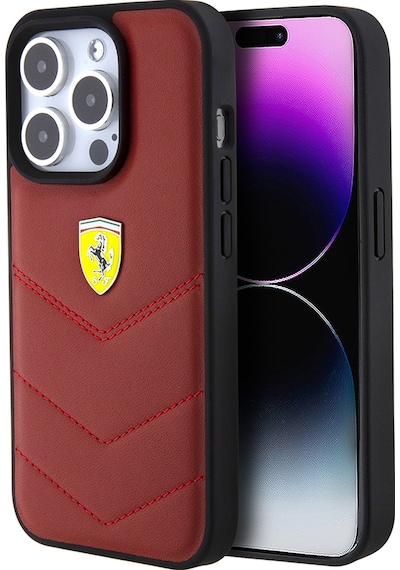 Apple Uyumlu iPhone 15 Pro Kılıf Ferrari Lisanslı Deri Dikişli Arka Yüzey Metal Logo Tasarımlı Kırmızı
