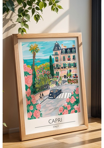 İtalya Capri Temalı Çerçeveli Tablo Travel Serisi Modern İllüstrasyon Ada Manzaralı Duvar Dekoru Kayın