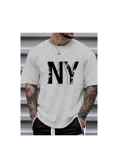Caddemia Yaz  Rahat Gevşek Artı Boyutu Ny Mektup Baskılı Spor Rahat Yuvarlak Boy Gri 2XL