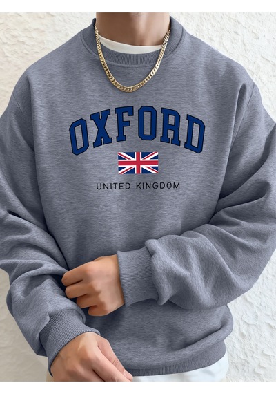Startmore Startmoreoxford Birleşik Krallık Mektup Ve Bayrak Baskılı Erkek Kapüşonlular Bisiklet Yaka Yumuşak Üst Gri
