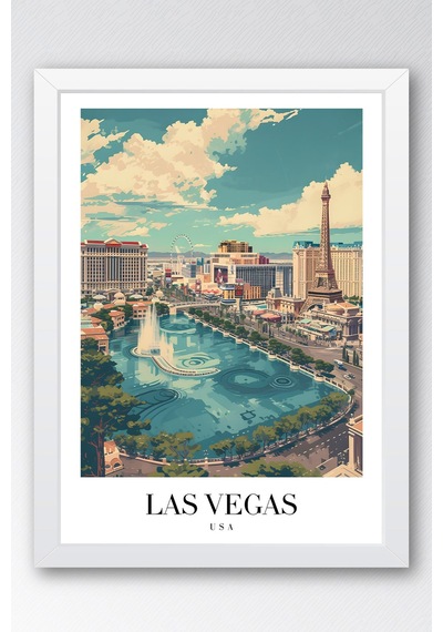 Las Vegas Usa Vintage Seyahat Posteri Çerçeveli Tablo - Premium The Strip Elit Duvar Dekoru Beyaz