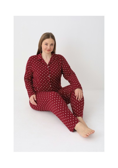 Estiva Kadın Puantiyeli Bordo Önden Düğmeli Soft Battal Pijama Takımı Çok renkli