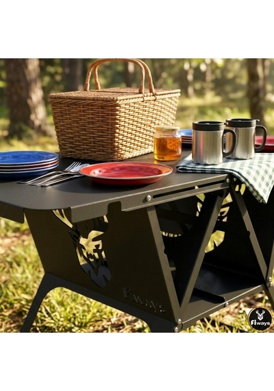 Fiways Axıs V2 Mat Siyah Metal Kamp Masası, 1mm Çelik Gövde, Profesyonel Katlanır Çantalı Outdoor Sehpa
