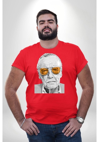 Angemiel Stan Lee Kırmızı Büyük Beden Erkek Kadın Unisex Basic Ön Baskılı Tişört Kırmızı