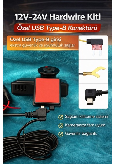 Araç Kamerası Park Modu Kablosu Hardwire Kit Usb Type-b 7/24 Park Kaydı Akü Sigorta Kablosu