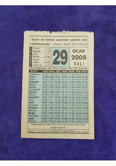 29 Ocak 2008 Takvim Yaprağı - Nostaljik Koleksiyonluk Takvim Yaprağı