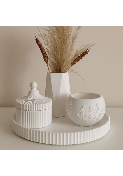 Minimalist Vazo & Kapaklı Kutu & Kabartmalı Tepsili 4 Lü Dekoratif Organizer Set