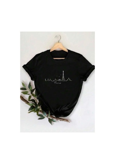 Medinenur Rome Desen Baskılı Basic T-shirt Siyah