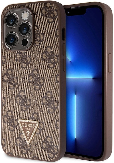 Apple Uyumlu iPhone 14 Pro Max Kılıf Guess Lisanslı Pu Deri Taşlı Üçgen Logo 4g Desen Kapak