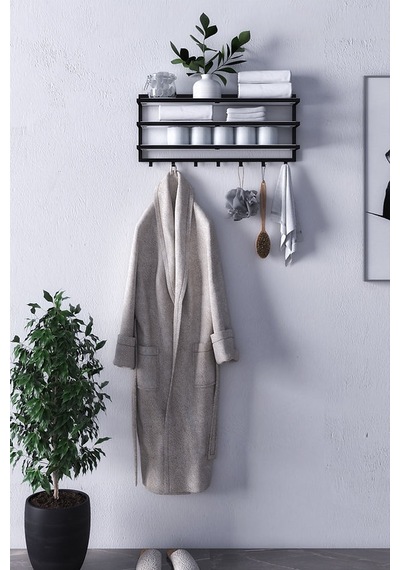 Sofya 2 Katlı Beyaz Raflı Askılık, Portmanto 63 Cm - 6 Askı Siyah