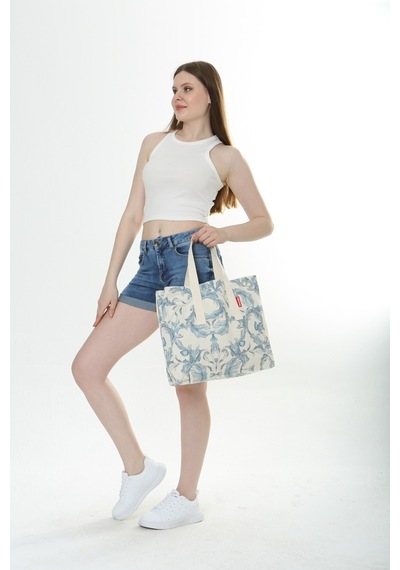 Baghashtag Krem Çiçek Baskılı Gabardin Bez Çanta Krem