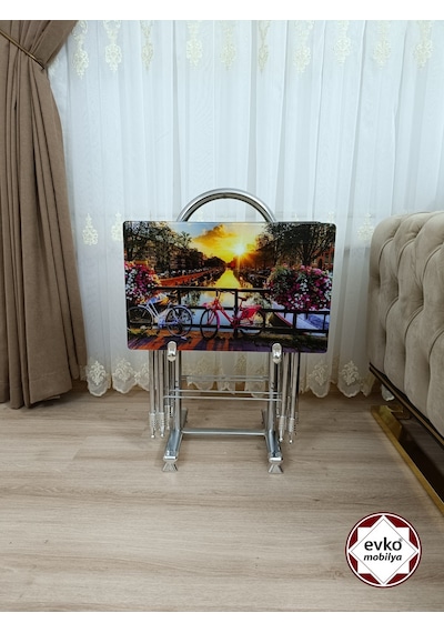 Evko Mobilya Çanta Zigon Sehpa 4'lü Sehpa, Zigon Sehpa, Servis Sehpası, Camlı Sehpa, Katlanır Sehpa