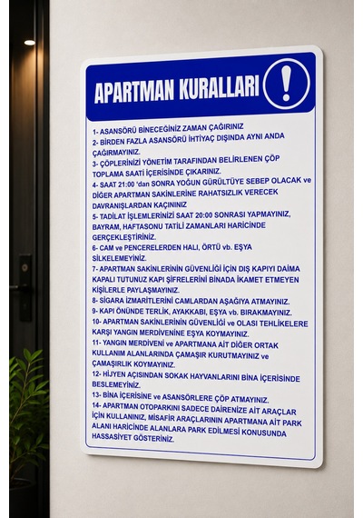 Sürpriz Hediyeli Apartman Kuralları Levhası 35x25 Cm Foreks'li Folyo Baskı Kapı Duvar İkaz Tabelası