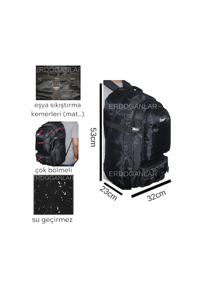 Baggor Büyük Boy Su Geçirmez Çok Gözlü Seyahat Okul Trekking Sırt Çantası 50 L Siyah