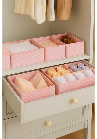 6'lı Pembe Desenli - Çekmece İçi Düzenleyici Organizer Set - Çok Amaçlı Dolap İçi Kutu Seti Kumaş 28 Diğer