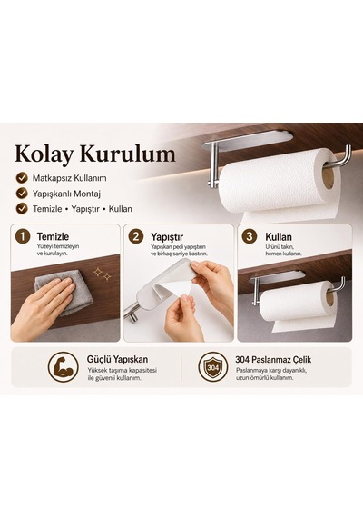 Premium Mat Krom Solo Havlu Askısı, Yapışkanlı Dolap Altı Kağıt Havluluk, Paslanmaz Çelik Mutfak Havlu Ve Kağ Diğer