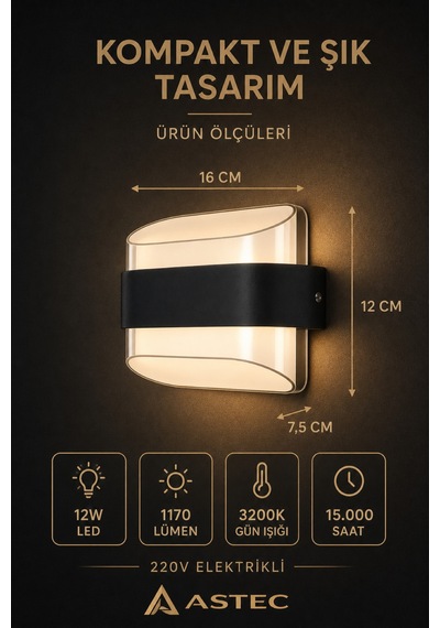 Astec Elit 12w Kavisli Elektrikli Led Duvar Aplik 3200k Gün Işığı İç Dış Mekan Balkon Bahçe Su Toz Geçirmez