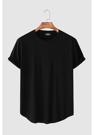 Erkek Siyah Kolları Katlı Oval Kesim Cepsiz Bisiklet Yaka T-shirt Siyah