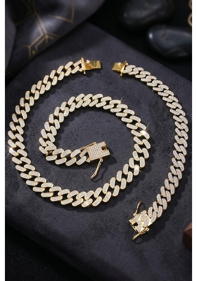 Paslanmaz Çelik Gurmet Model Kolye Zincir Ve Bileklik Set 11mm Altın Kaplama 902935