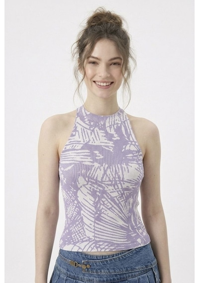 Neden Tekstil Kadın Fitilli Çizgi Baskılı Halter Yaka Crop Bluz - Beyaz-lila