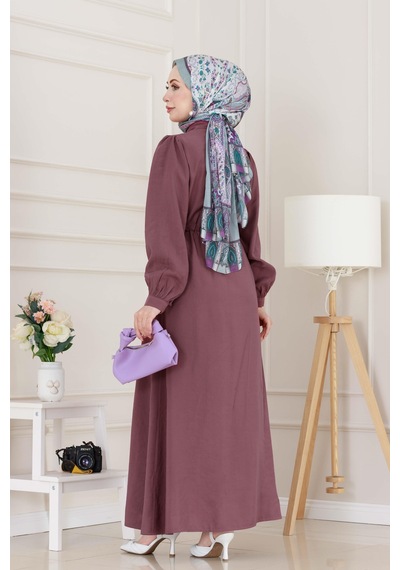 Sevitli Kemerli Tensel Elbise-gülkurusu-5038 Gülkurusu