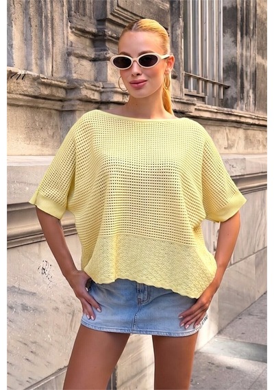 Veraura Lifestyle Sarı Kayık Yaka Ajurlu Triko