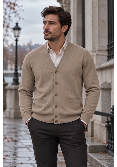 Beyome Erkek Cotton V Yaka Düğmeli Hırka-süveter Yandan Cepli Triko Günlük Şık Rahat Kesim Bej